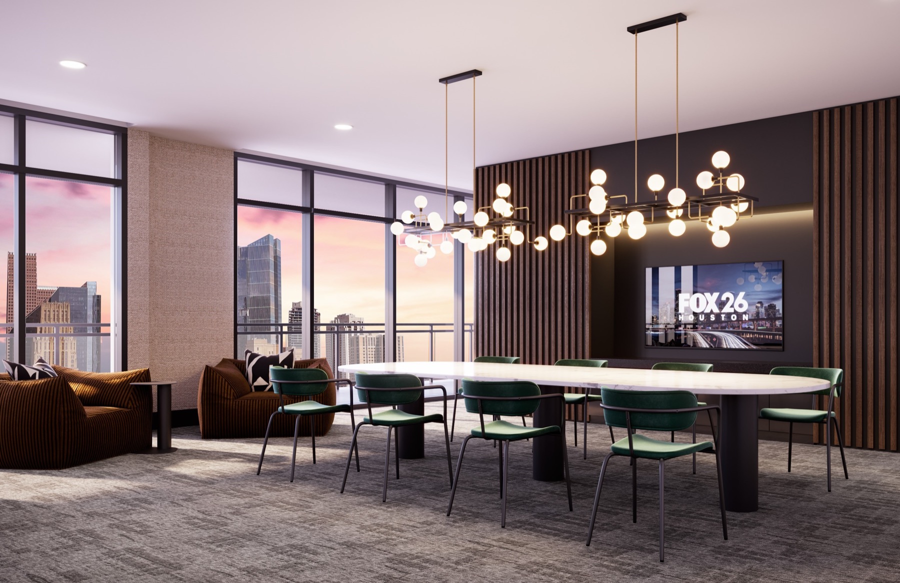 Clubhouse in the evening with designer lighting, flat screen TV, variety of seating, and floor to ceiling windows overlooking downtown