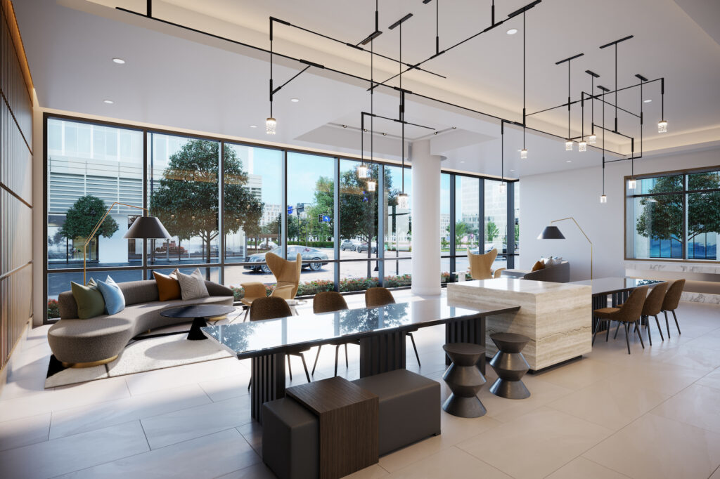 Lobby area with modern furniture, floor to ceiling windows and designer lighting