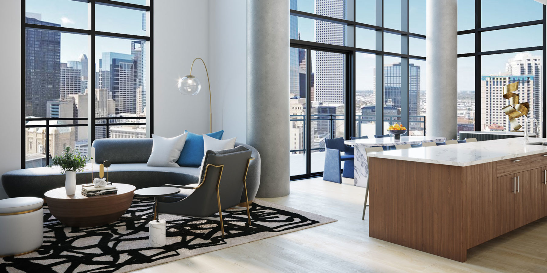 High rise apartment interior with open concept living room/dining room/kitchen with floor to ceiling windows overlooking downtown